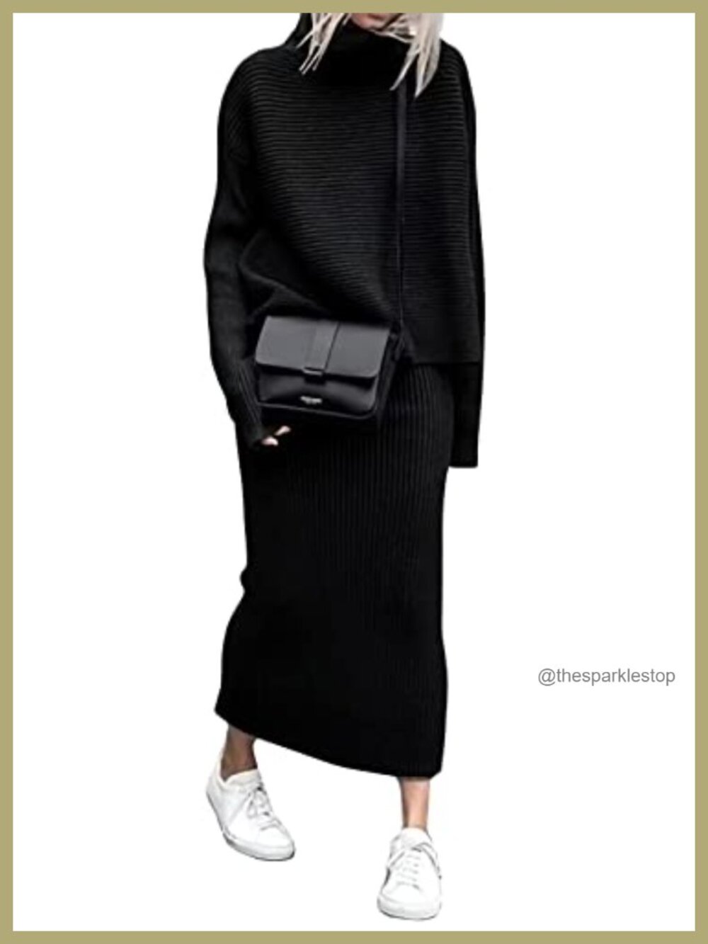 Ribbed Knit Turtleneck Sweater and Maxi Skirt 2 Piece Set